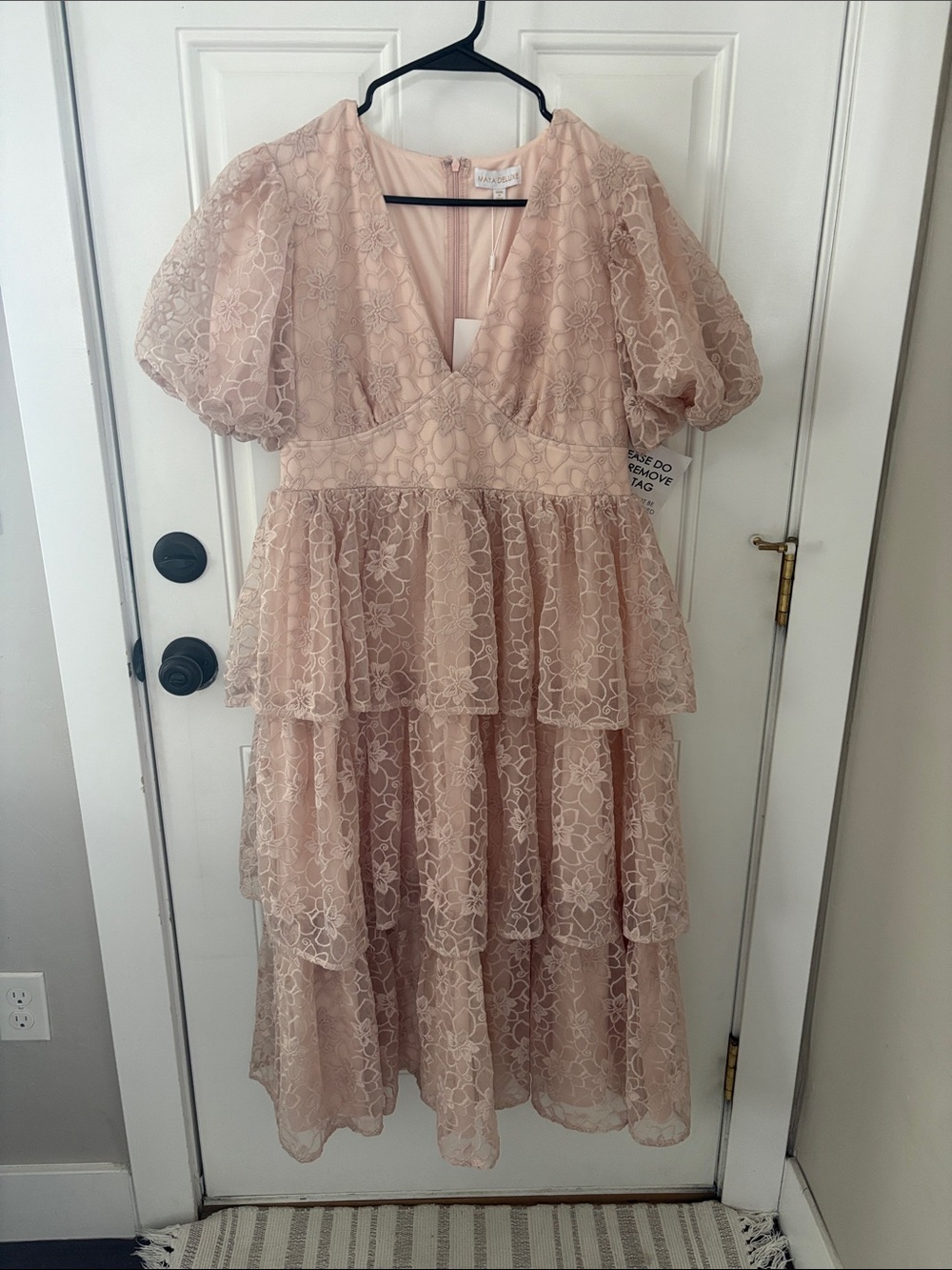 Pink Maya Tiered Lace Midi Dress - Puff Sleeve
